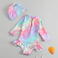 Toddler Girls Swimsuit with Sun Hat Set 1 to 2 3 4 5 6 Years Leopard Ruffle Sleeve Zip Up One-pieced Swimwear Beachwear for Baby