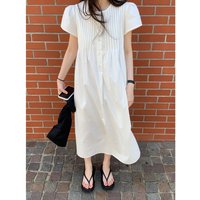 Chic Korean Style Summer New Thin Straight Loose Pure Cotton Bubble Sleeve Pleated round Neck Dress Casual Loose Fit Princess...