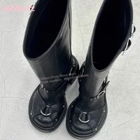 Belt Buckle Knee High Boots Spice Girls New Genuine Leather Solid Black Chunky Heel Round Toe Retro Punk Style Fashion Elegant