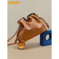 Women Casual Large Capacity Bucket Bag Ruffles String Cow Real Leather Shoulder Bag Female Strap Shopping Crossbody Bags Brown