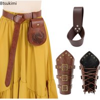 Renaissance Medieval Belt Steam Bracelet Viking Leather Cover Copper Coin Waist Bags Halloween Cosplay Accessory Sets for Adults