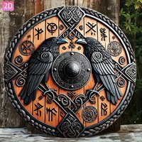 2D Flat, 1pc Viking War Shield Aluminum Wall Art - 20.32cm Round Retro Decor with Black Raven & Celtic Knots, Perfect for Home,