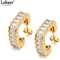 Lokaer Exquisite White Zircon C Shape Stainless Steel Waterproof Hoop Earrings For Women New Gold Plated Party Jewelry E26114