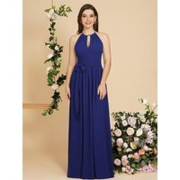 BABYONLINE Royal Blue Halter Bridesmaid Dresses with Draped Neckline & Flowy Chiffon Skirt, Elegant Gown for Wedding Party