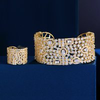 ThreeGrace Chunky Shiny Zirconia Big Wide Open Cuff Bangle and Ring Bridal Wedding Engagement Party Jewelry Set for Women JS702