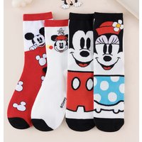 4 Pairs of Disney Mickey and Minnie Round Neck Socks Cute Cartoon Printed Polka Dot Cotton Socks Casual Breathable Women's Socks