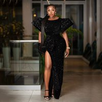 2023 African-American Evening Dress Black Sequin Round Neck Puffed Sleeve High Slit Floor-Length Fishtail Dress