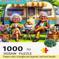 A Thousand-Piece Vintage Camping Puzzle Featuring Grandparents, Showcasing a Large Jigsaw Game with an RV And a Floral Table S