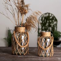 Vintage Bohemian Clear Glass Vase with Handwoven Pocket Portable Hydroponic Decor