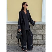Bornladies 2026 Spring New Women's Shirt Two Piece Set V-neck One Piece Cardigan Wide Leg Pants Set