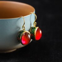 Classic vintage Design ruby earrings for women light luxury ethnic style round earrings wedding silver jewellery accessories