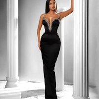 Elegant Black Sheath Evening Dress Spaghetti Straps Sleeveless Beading Embellished Zipper Back Formal Party Wear