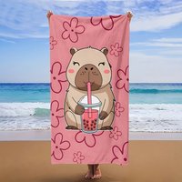 Cartoon Capybara Holding Bubble Tea Print Beach Towel, Soft Towel for Swimming Yoga Camping Travel