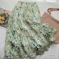 DongCMY 2025 Summer New Flower Field Oil Painting Vertical A Word Long Skirt Thin Green Floral Skirt