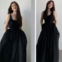 2026 New Women's Casual Dresses Spring Summer Sleeveless Suspender Black Maxi Dress Korean Fashion Patchwork Slim Fit Long Dress