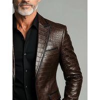 Men's Fake Crocodile-Pattern PU Business Blazer Jacket Brown Lapel Single-breasted Multiple Pockets Long Sleeve Elegant Jacket