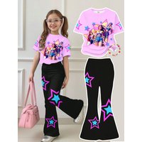 Girl Nova Beat Cartoon Idol Star Print 2-piece Set Pink Short Sleeved T-shirt Black Star Side Flared Underwear