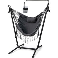 COSTWAY Hammock Chair with Stand and Phone Holder - Durable Plastic, Gray, Adjustable Height, Portable Outdoor Relaxation Chair for Patio, Garden, or Camping, Camping Essentials | Modern Hammock