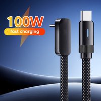 100W Quick Charging USB Type C Cable 90 Degree Dual Elbow Flat Nylon Braided Cord for iPhone Samsung Xiaomi Right Angle Cable