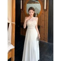 Elegant White Tulle Halter Lace Embroidery Maxi Dress Women Fashion Chic Flowy Chiffon Dress Wedding Guest Evening Party Gown
