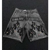 Y2K Cross-Border Summer High Street Trend Men's Five-Point Short Jeans Hand-Drawn Print Loose Casual High Waist Denim Shorts