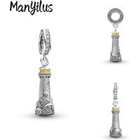 Manyilus 925 Sterling Silver Lighthouse Dangle Charm for Original Bracelet Necklace Enamel Cubic Zirconia Nautical Jewelry Gift