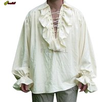Mens Halloween Lace Up Pirate Shirt Medieval Vampire Prince Poet Shirts Buccaneer Frills White Vintage Gothic Blouse Tops