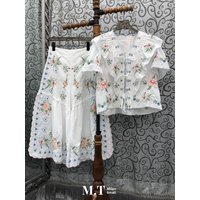 Milan Small Town Ancient Style Embroidery Pink Flower Lotus Leaf Belted Top Side Split Seven Inch Pants Women's Fashion Set