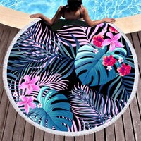 Round Beach Towel Oversized Blanket Palm Leaf Tropical Style Flamingo Print Microfiber Large Round Towel Picnic Absorbent Towel