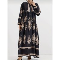 Bohemian Print Muslim Abaya Maxi Dress for Women Long Sleeve V-Neck Tiered Casual Robe Islamic Dubai Kaftan Ramadan Eid Vestidos