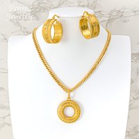 Dubai 18K Gold Plated Jewelry Set Round Textured Pendant with Chain Necklace Earrings Bridal Party Wedding Jewellery Gifts
