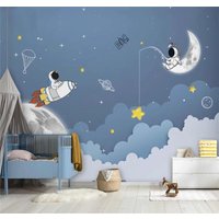 Simple cartoon starry sky wallpaper,planet space astronaut children's room mural boys' bedroom kindergarten 3d wallpaper