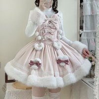 Sweet Lolita Pink Bunny Ear Hooded Cape OP Dress Set Women Girls Kawaii Lace Bow Pom Pom Fur Trim Skirt Cosplay Party Daily Wear