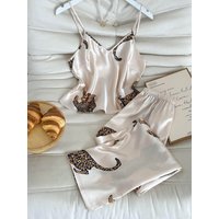 Leopard Print Women's Fashion Pajama Set Simple V Neck Top with Elastic Waist Pant Comfortable 2 Pcs Sleepwear for Home or Party