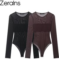 ZERAINS Spring & Summer New Arrivals Women's Versatile Long Sleeve Round Neck Tulle Patchwork Bodysuit