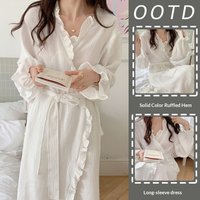 Spring and Summer Women's Dressing Gown, Bathrobe, Women's Solid Color Ruffled Loose Robe, V-Neck Long Sleeved Home Nightgown