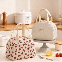 Kawaii Corduroy Lunch Bag for Women Girls Large Insulated Lunch Tote Bag with Strawberry Print Leakproof Thermal Cooler Bag for