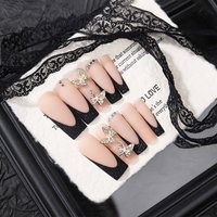 24PCS Square Shaped Fake Nails With Lines 3D Bow Flower Design Shining Diamond Accessories Black French Style square Fake Nails