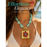 CUIER Boho Chunky Irregular Stone Beaded Toggle Necklace, Vintage Hammered Gold Square Pendant Statement Choker For Women Beach