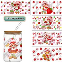 Cartoon Strawberry Girl UV DTF Cup Wrap Transfer Sticker for 16oz Glass Can DIY Decal Customized