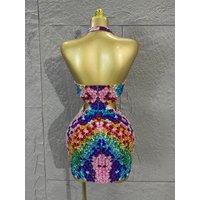 Colorful Rhinestone Halter Mini Dress Women Sexy Deep V Neck Cutout Bodycon Party Dress for Nightclub Birthday Stage