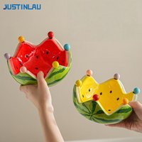 JUSTINLAU Ceramic Fruit Bowl Set Watermelon Shaped Fruit Dessert Bowl Stainless Steel Colorful Fruit Fork Home Table Decoration