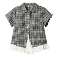 Lace Patchwork Plaid Shirt Women Summer Sweet Short Sleeve Vintage Blouse Slim Sweet Retro Japan Kawaii Female Cute Casual Tops