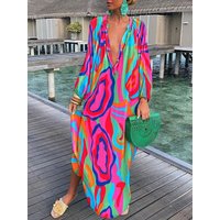 Autumn Women's Print Casual Dress New Fashion V-neck Long Sleeve Loose Holiday Party Long Dresses For Women Robe Femme 2024