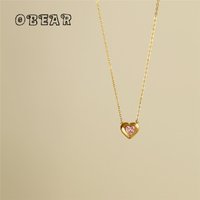 Korea Simple Pink Zircon Heart Necklace Clavicle Chain for Women Stainless Steel 18k Gold Plated Jewelry
