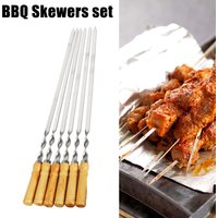 6Pcs Long Handle Shish Kebab Wood BBQ Fork Stainless steel Outdoors Grill Needle Barbecue Grill Stick 55cm 21.65" BBQ Skewers