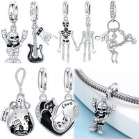 925 Sterling Silver Punk Gothic Skeleton & Guitar Charms Rock & Roll Skull Black Cat Beads fit Bracelets DIY Jewelry Gift
