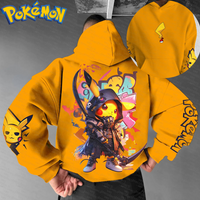 Pokemon Anime Pikachu Cotton Hoodie Harajuku Pants Set Yellow Character Print with Graffiti Background Two Piece Outfit Casual