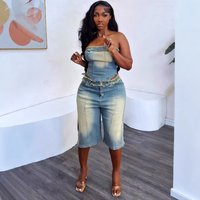 European and American women's denim set: Amazon cross-border women's fashion with frayed edge bustier top and high-waisted denim