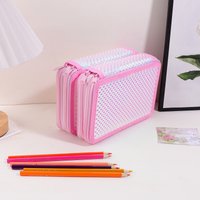Pencil Case, Pink Holographic Diamond Leather, Large Capacity Portable 2-Layer Zipper 32 Slots Stationery Organizer Gift